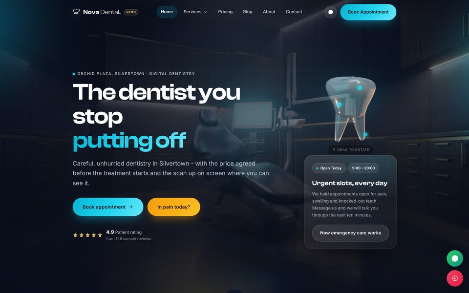 Nova Dental demo homepage - a dark, modern dental clinic website with a 3D rotating tooth.
