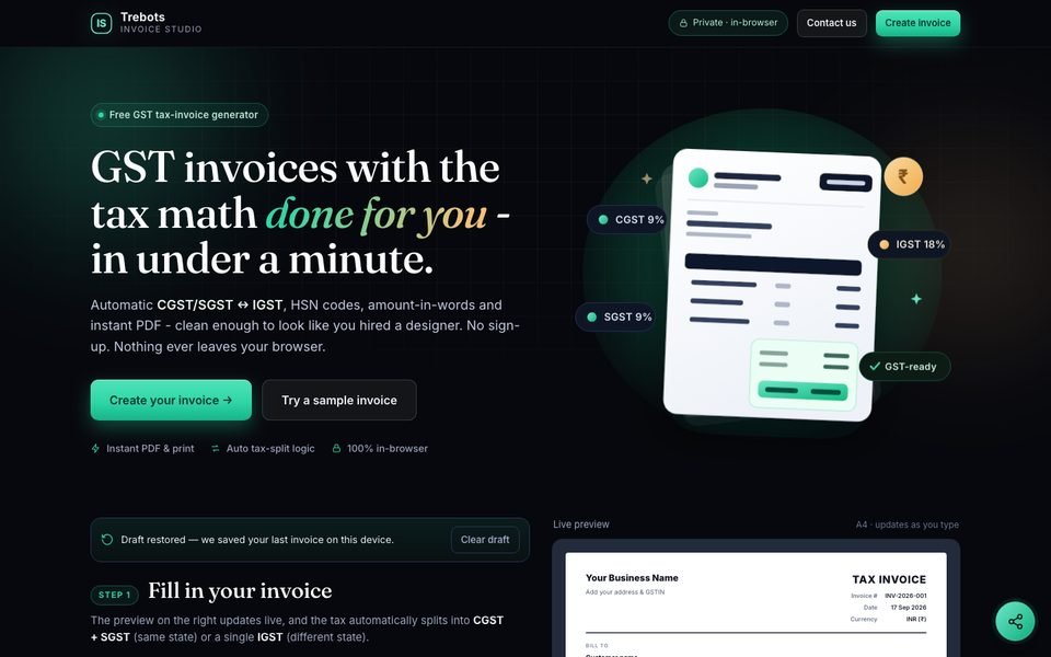 Trebots Invoice Studio homepage - a GST invoice generator with a live invoice preview.